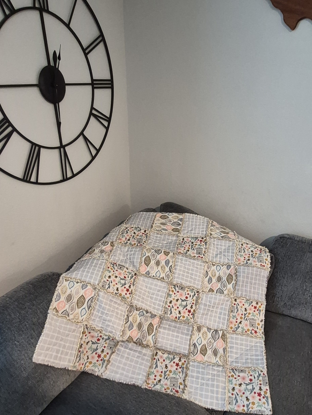 Handmade Patchwork Rag Throw Lap Blanket in Cream, Gray, Pink Floral